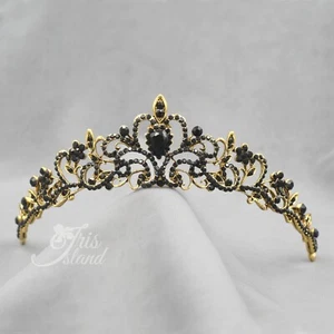 Black Crystal Princess Tiara Crown Wedding Bridal Party Pageant 299 Antique Gold - Picture 1 of 8