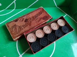 Vintage Draughtsmen Draughts 24 wooden Pieces Boxed. 1950s 60s. Black And white - Picture 1 of 9