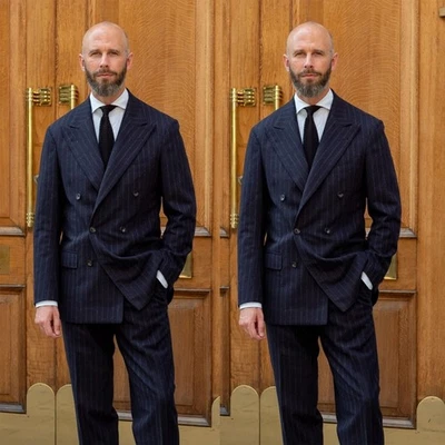 Trajes de hombre azul marino a rayas solapa pico doble botonadura boda esmoquin abrigo pantalón Foto 1 de 4