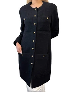 CHANEL Vintage CC Logo Long Tweed Jacket #M Coat Black Gold Wool Silk Button - Picture 1 of 12