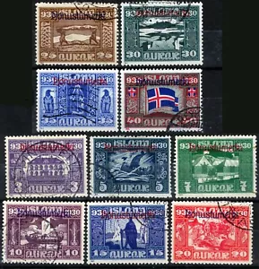 Iceland Sc O53-O62 Multicolor 3a-40a p.12 1/2x12 1930 Used Paliament Partial Set - Picture 1 of 1