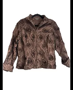 SAMUEL DONG Chocolate Brown Rosette Zip Dressy Jacket Sz L GORGEOUS!!!!!! - Picture 1 of 9