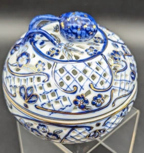 Vintage KPM Deckel Netz blau und weiß mit Goldakzenten Schale Schmuckschatulle - Bild 1 von 16
