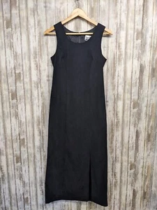 Sheri Martin NY Black Faux Suede Maxi Dress 90s Classic Side Slit Scoop Neck 6 - Picture 1 of 10
