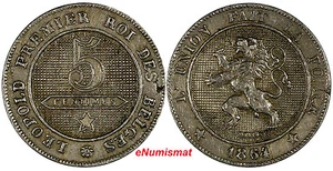 BELGIO Leopoldo I rame-nichel 1864 5 centesimi VF DATA SCARSA KM# 21(10 398) - Foto 1 di 3