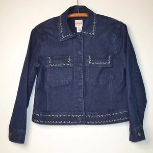 Sz 6 P Ruby Rd Cropped Women'sPetite Studded Blue Jean Denim Jacket EUC - Picture 1 of 5