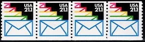 USA 1985 21.1¢ ENVELOPES STRIP OF FOUR COIL STAMPS SCOTT 2150 MNH - Picture 1 of 3