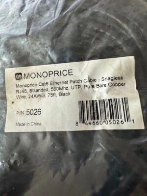 Monoprice Cat6 Ethernet Patch Cable - Snagless RJ45, Stranded, 75 Feet, Black - Image 1 of 2