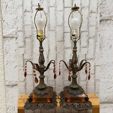Rare Pair Of Antique 1900 Lead & Carmel Hollywood Regency Amber Base Lamp