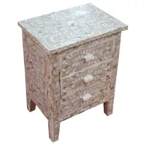 Mother Of Pearl Inlay Large Floral 3 Drawer Bedside Grey - Picture 1 of 3