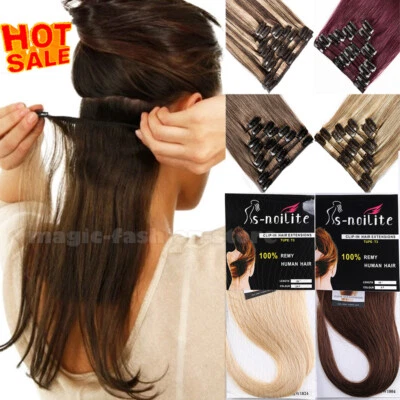 Extensiones de cabello Remy humano con clip de cabeza completa marrón oscuro de 7 piezas mejor trama resaltada Foto 1 de 4