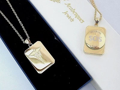 HERREN SOS HALSKETTE/ANHÄNGER EDELSTAHL MEDIZINISCHE INFO/WARNUNG TALISMAN GOLDBARREN