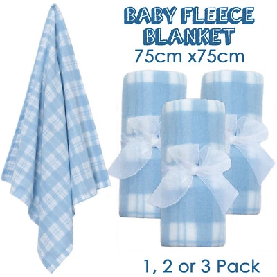 Newborn Baby Boys Fleece Blanket Winter Bedding Cot Crib 75 x 75 cm Blue Checked - Image 1 of 2