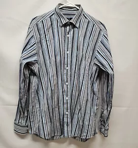 Bugatchi Uomo Long Sleeve Blue Black Stripe Button Down Shirt Men's Large - Picture 1 of 10