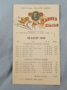 Vintage Al G. Barnes Wild Animal Circus 1935  Official Route Card - Picture 1 of 2