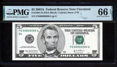 2003A $5 "TWO DIGIT REPEATER-FLIPPER 00800080" PMG GEM 66EPQ SUPER RARE COLLECT - Image 1 of 2