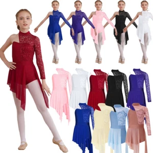 Mädchen lyrisches Tanzkleid halb Blumen Spitze Trikot Mieder asymmetrischer Saum Kostüm - Bild 1 von 77