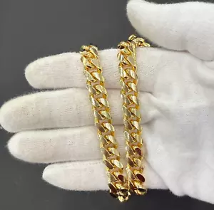 Solid Miami Cuban Link Chain 9.5mm Necklace Gold Over 925 Sterling Silver 26 in - Picture 1 of 3