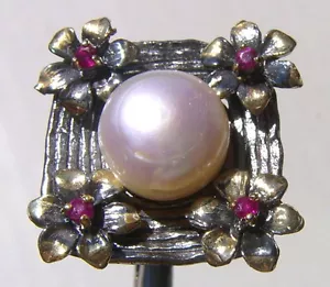 CeS Ring mit Perle und rotem Spinell / red spinel - Bild 1 von 1
