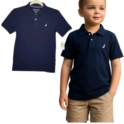 Nautica Polo Shirt Boys Size 10/12 School Uniform Navy Blue Collar Logo $29 New - Image 1 of 4