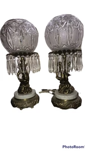 PAIR of Hollywood Regency Victorian Electric Lamps German Crystal Shades Cherubs - Picture 1 of 10