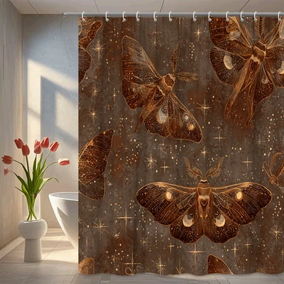 Celestial Moth Pattern with Stars and Sparkles Shower Curtain for Boho Bathroom - Image 1 of 4
