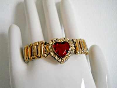 Vintage Lovely 40's Red Rhinestone Heart 10K GF "Sweetheart" Expandable Bracelet - Image 1 of 4
