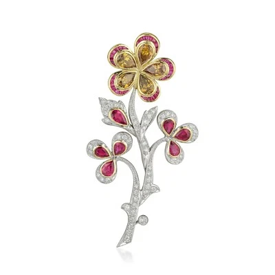 Broche largo amarillento de zafiro marrón anaranjado, rubí rosa y flor de circonita cúbica para mujer Foto 1 de 3