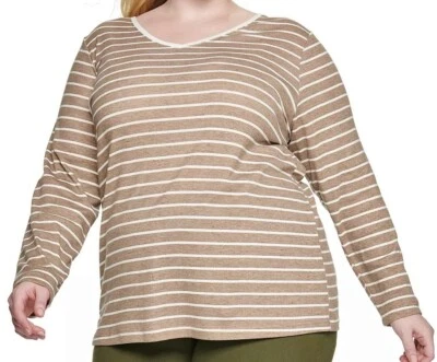 Croft & Barrow Long Sleeve Knit Top - 100% Cotton - V- Neck - Tan Stripe - 2X - Image 1 of 4