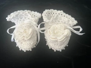 Beautiful Handmade Crochet Baby Booties - w/Seed Pearls and Bows - Picture 1 of 4