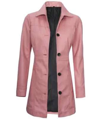 Women's New Shirt Collar Real Lambskin Pink Leather Car Trench Winter Long Coat - Image 1 of 4