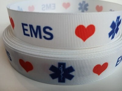 Grosgrain Ribbon EMS Emergency Services Red Hearts Ambulance 911 Rescue, 7/8" - Image 1 of 2