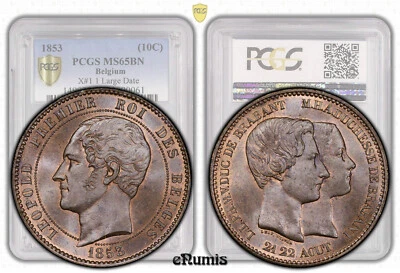 BELGIUM, Leopold I, 10 Centimes 1853, Wedding, Top Pop, PCGS MS 65 BN - Image 1 of 4