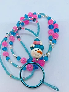 NEW Handmade MELTING SNOWMAN  Pink & Blue  Beaded  Lanyard 37"  - Picture 1 of 4