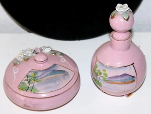 Bottle & Jar Pink Porcelain Wales Made in Japan Matching Painted Scene - Picture 1 of 4
