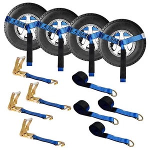 USA 4 Pack 2" x 10' Side Mount Wheel Net Tie Down Kit w/Wire J Hook Auto Hauler - Foto 1 di 7