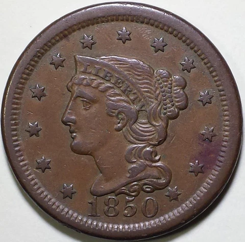 1850  Braided Hair Large Cent, N-22 R4  Die State C - ** VF++ ** Very Rare Cover