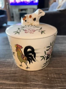 Burriera vintage con coperchio polli mucche diametro 4,75" 5,5" H - Foto 1 di 6