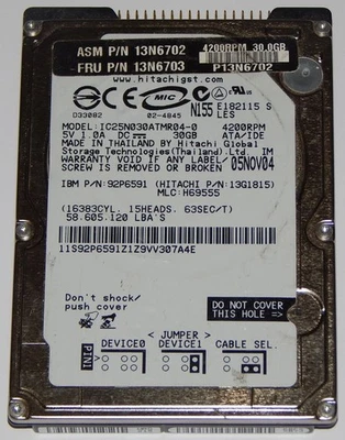 Hitachi IC25N030ATMR04-0 30GB 44pin IDE 2,5" HDD Festplatte 30 GB Hard Disk - Bild 1 von 4