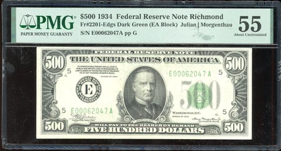 Billete de 500 dólares de la Reserva Federal de 1934 FRN FR-2201 - certificado PMG 55 (elección AU) Foto 1 de 2