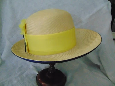 1960s Straw Hat w/Wide Brim- Adolfo Realites-Navy/Yellow-VG-CLASSY MOD/GoGo-SALE - Image 1 of 4