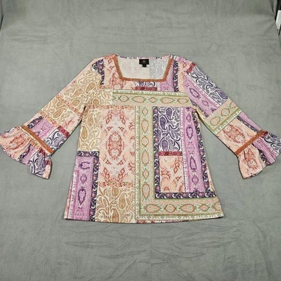 JM Collection Blouse Womens Medium Paisley Print Bell Sleeve Beaded Top Career - Image 1 of 4