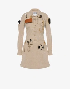 AW21 MOSCHINO Couture Jeremy Scott Beige Gabardine Survivor Kit Tools Dress - Picture 1 of 17