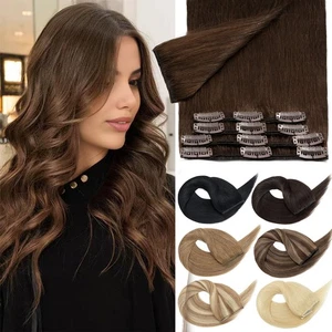 CLEARANCE 100% Human Hair Clip In Real Remy Hair Extensions Full Head 8PCS Black - Picture 1 of 67