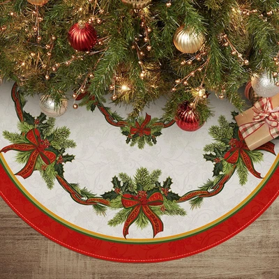 Christmas Tree Skirt 48 Inch, Christmas Ribbon Holly Winter Holiday Tree Mat Dec - Image 1 of 4