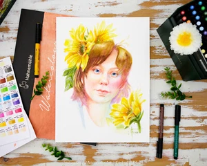 Original Cute Girl Floral Watercolor Portrait, Sunflowers Flower Minimal WallArt - Picture 1 of 11