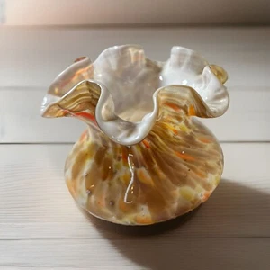 Vintave Fenton Art Glass Vasa Murrhina Orange Ruffled Art Glass 4” Vase - Picture 1 of 7