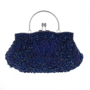 Women's Vintage Kiss Lock Beaded Sequin Design Flower Evening Clutch Purse -Blue - Picture 1 of 6