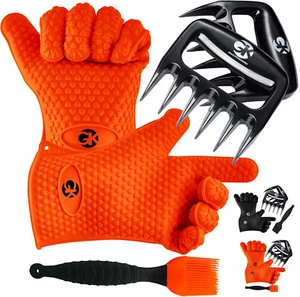 BBQ Grill Gloves Heat Grilling Kitchen Silicone Oven Mitts 100% Mess Proof Claws - Picture 1 of 12