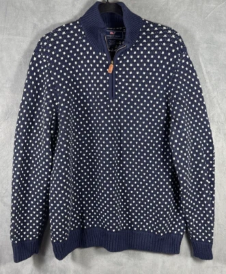 VINEYARD VINES Nordic Birds Eye Quarter Zip Sweater Navy Sz L Merino Wool Blend - Image 1 of 4